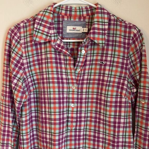 Vineyard Vines Women linen blend summer Plaid Button-Up Shirt work size 4 NWOT - Picture 2 of 9